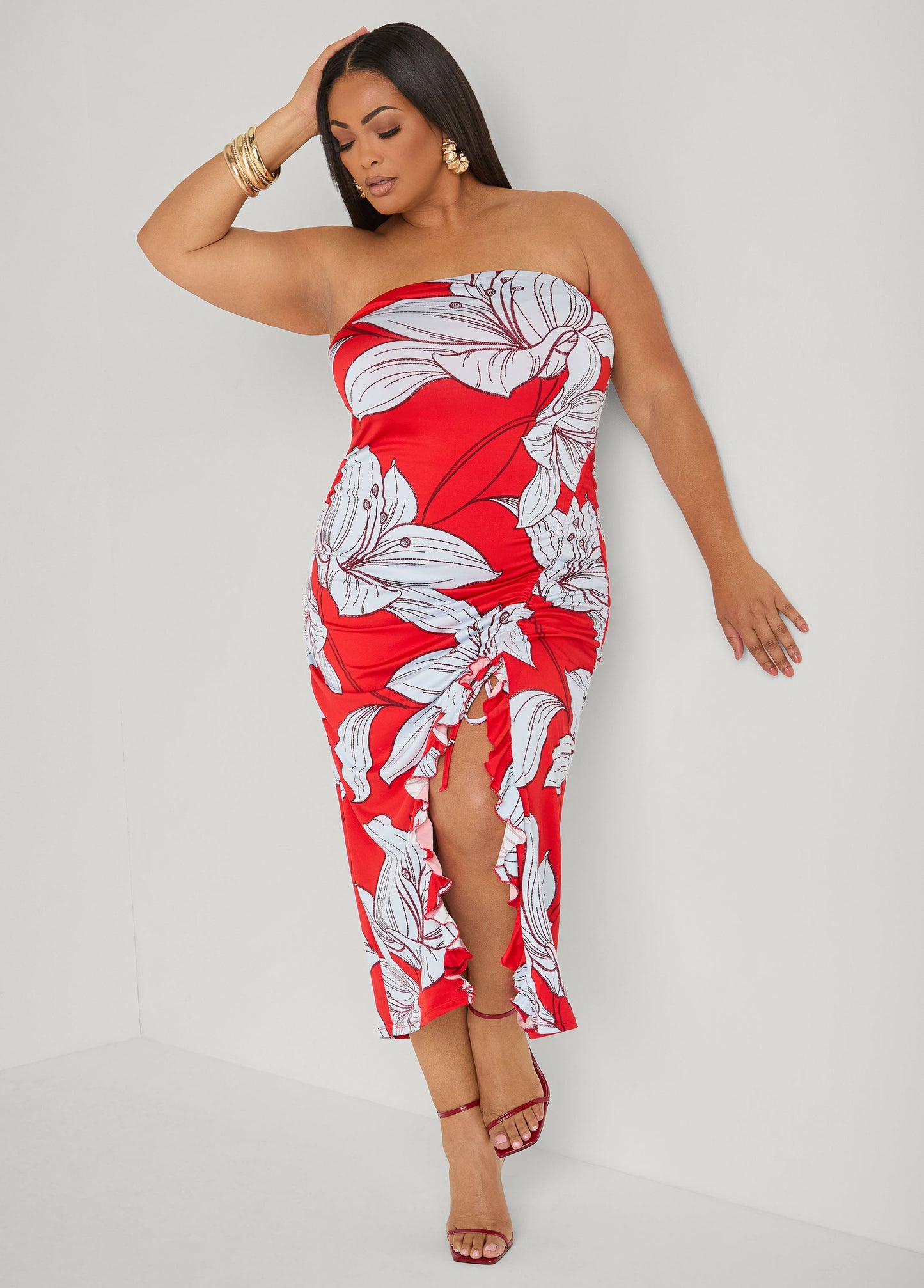 Ashley Stewart Strapless Floral Maxi Dress Poinsettia