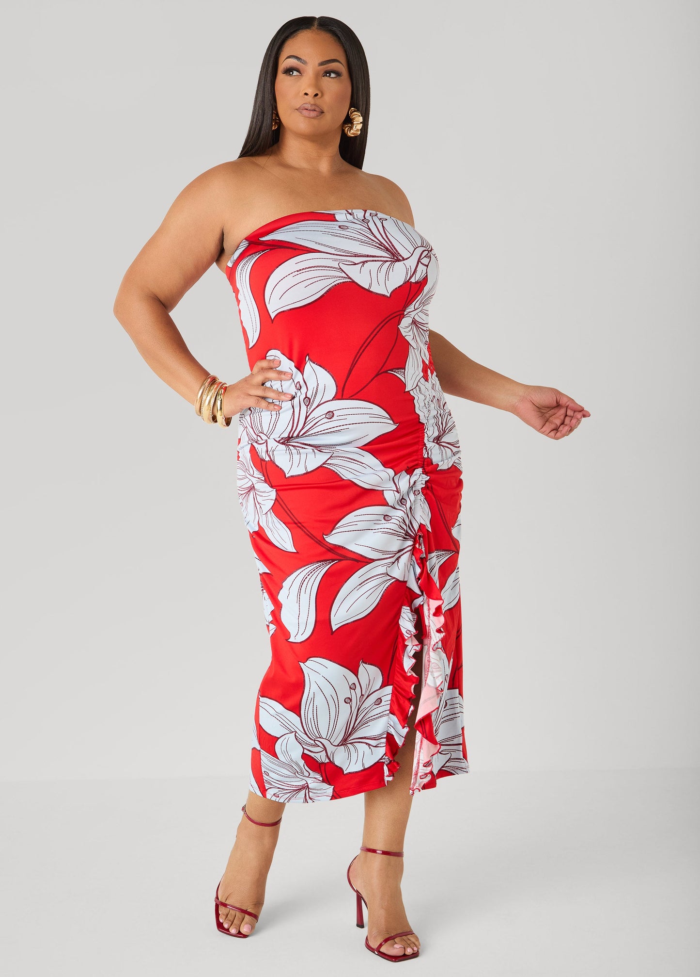 Ashley Stewart Strapless Floral Maxi Dress Poinsettia