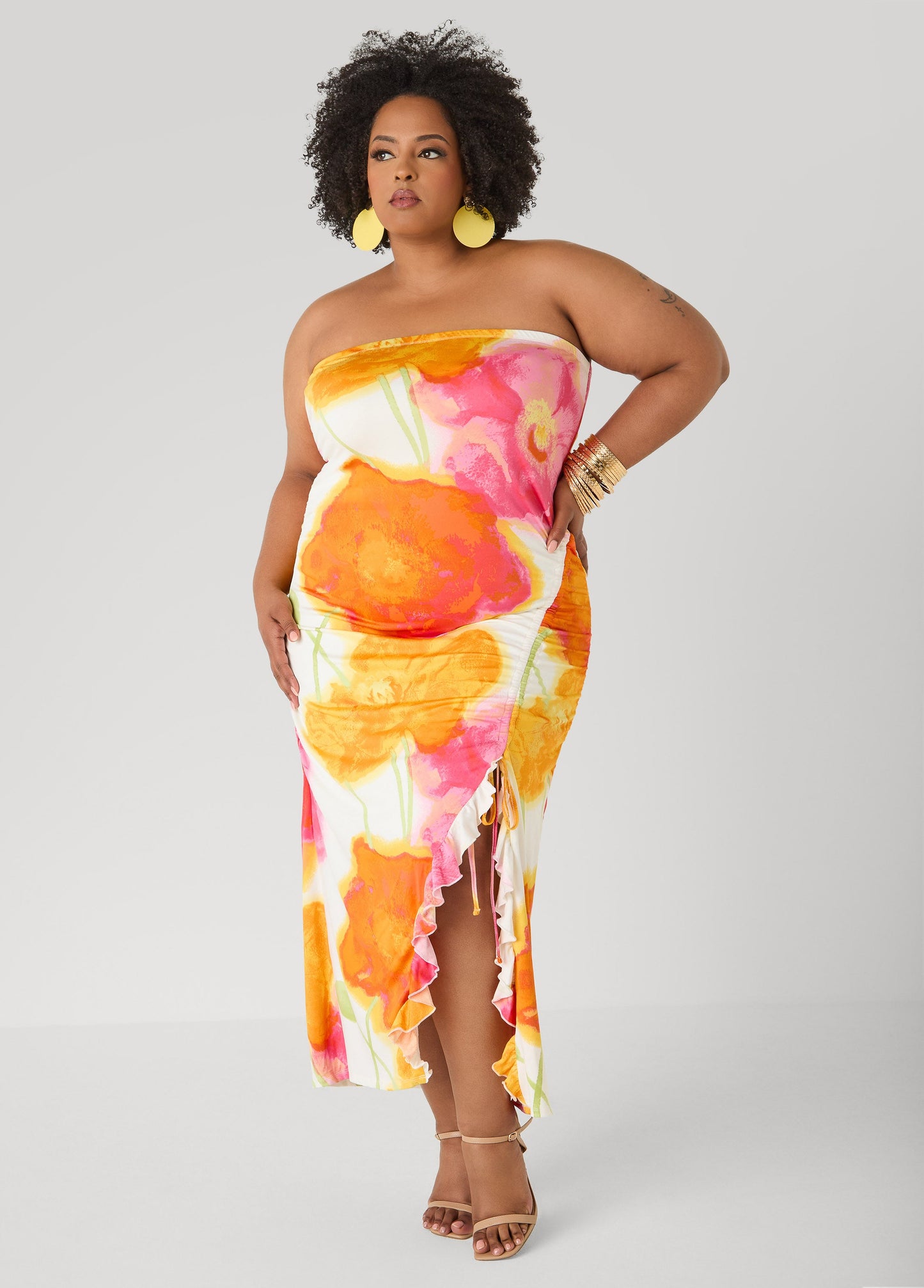Ashley Stewart Strapless Floral Maxi Dress Poinsettia