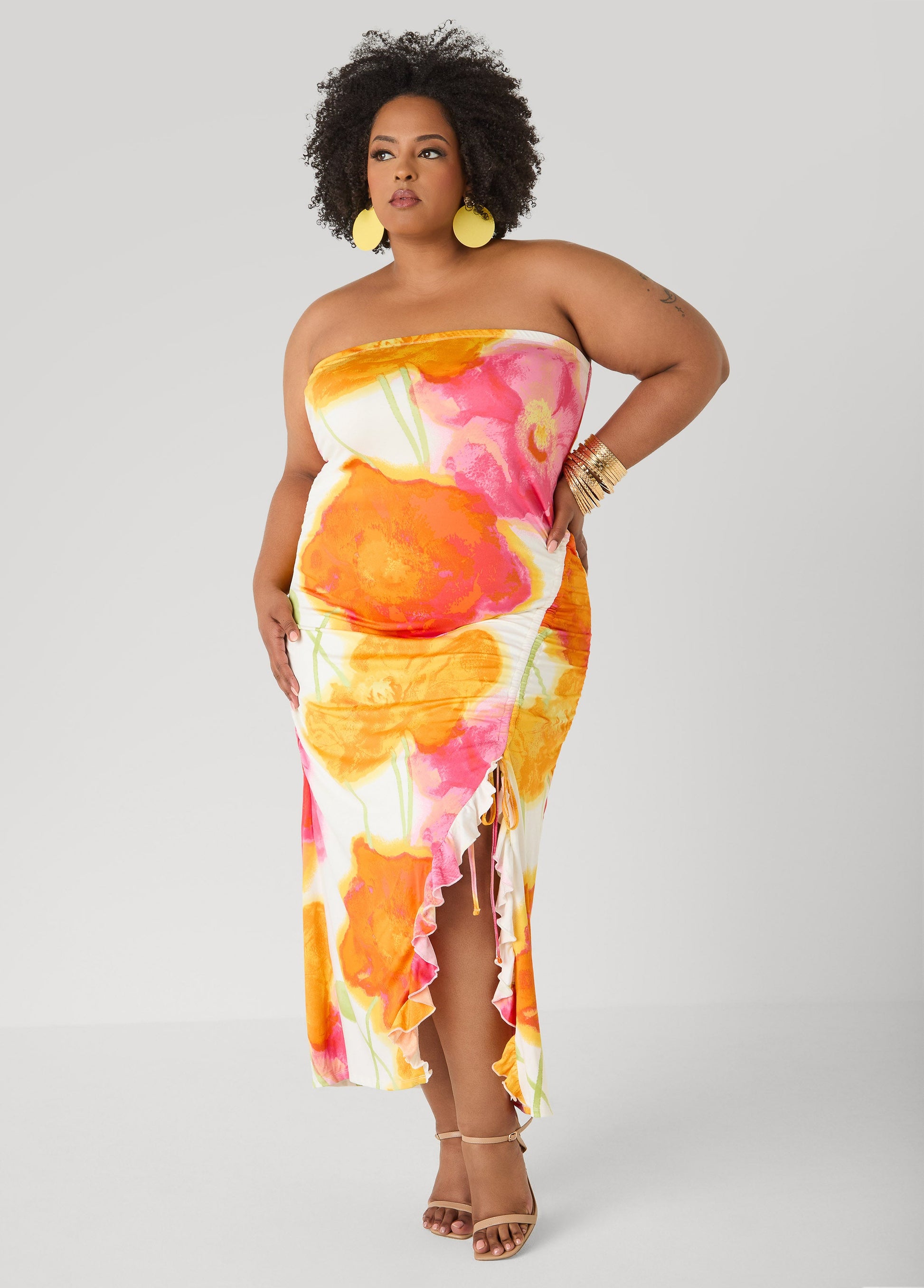 Ashley Stewart Strapless Floral Maxi Dress Poinsettia