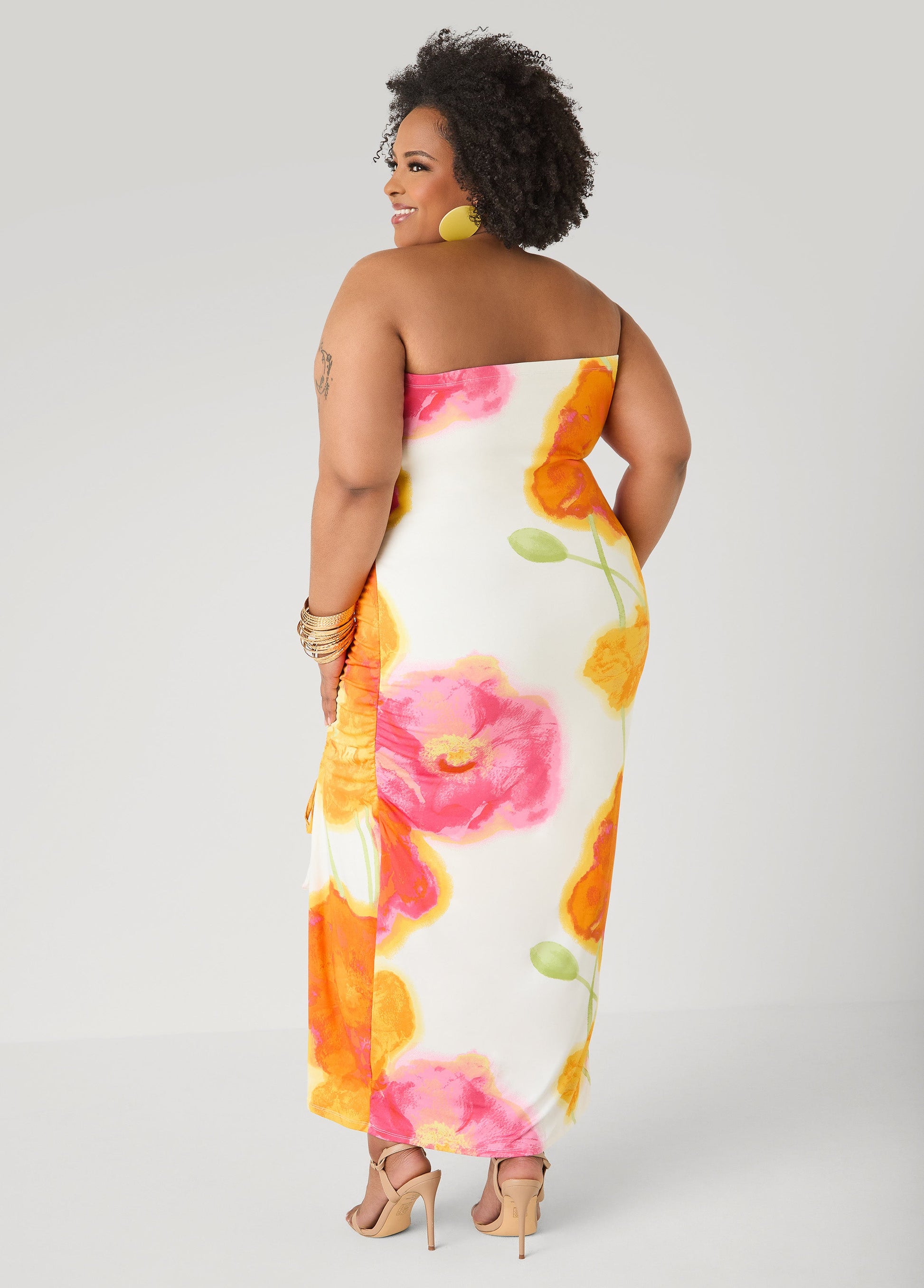 Ashley Stewart Strapless Floral Maxi Dress Poinsettia