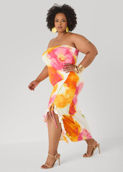 Ashley Stewart Strapless Floral Maxi Dress Poinsettia