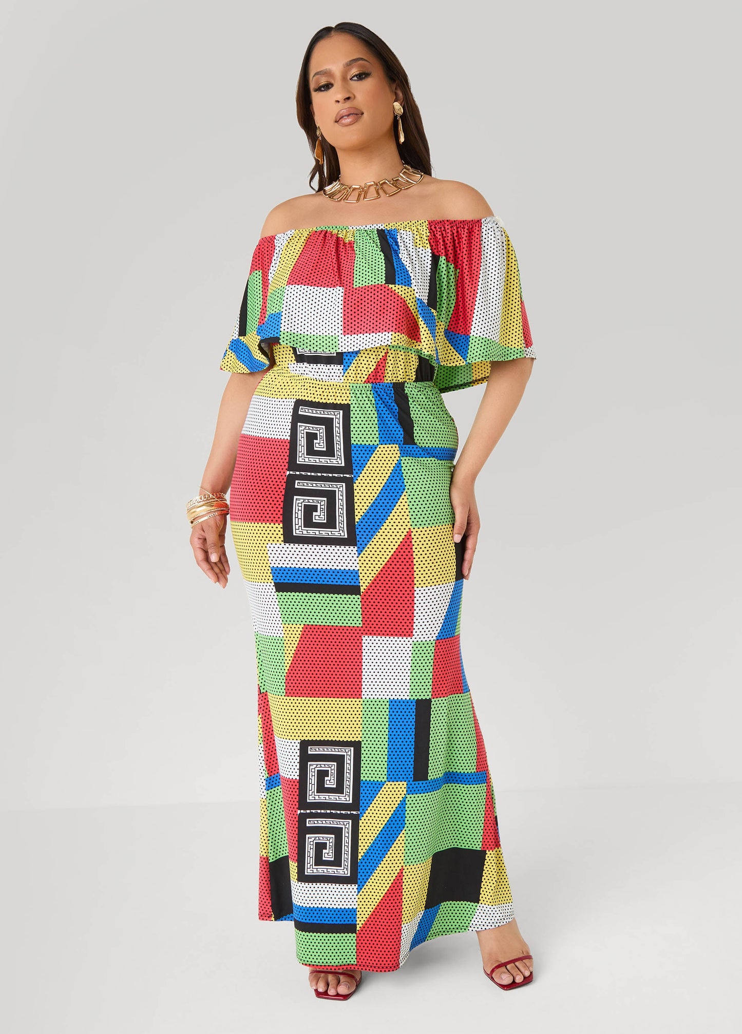 Ashley Stewart Off The Shoulder Geo Maxi Dress Multi