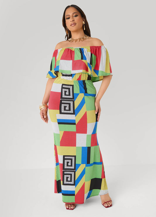 Ashley Stewart Off The Shoulder Geo Maxi Dress Multi