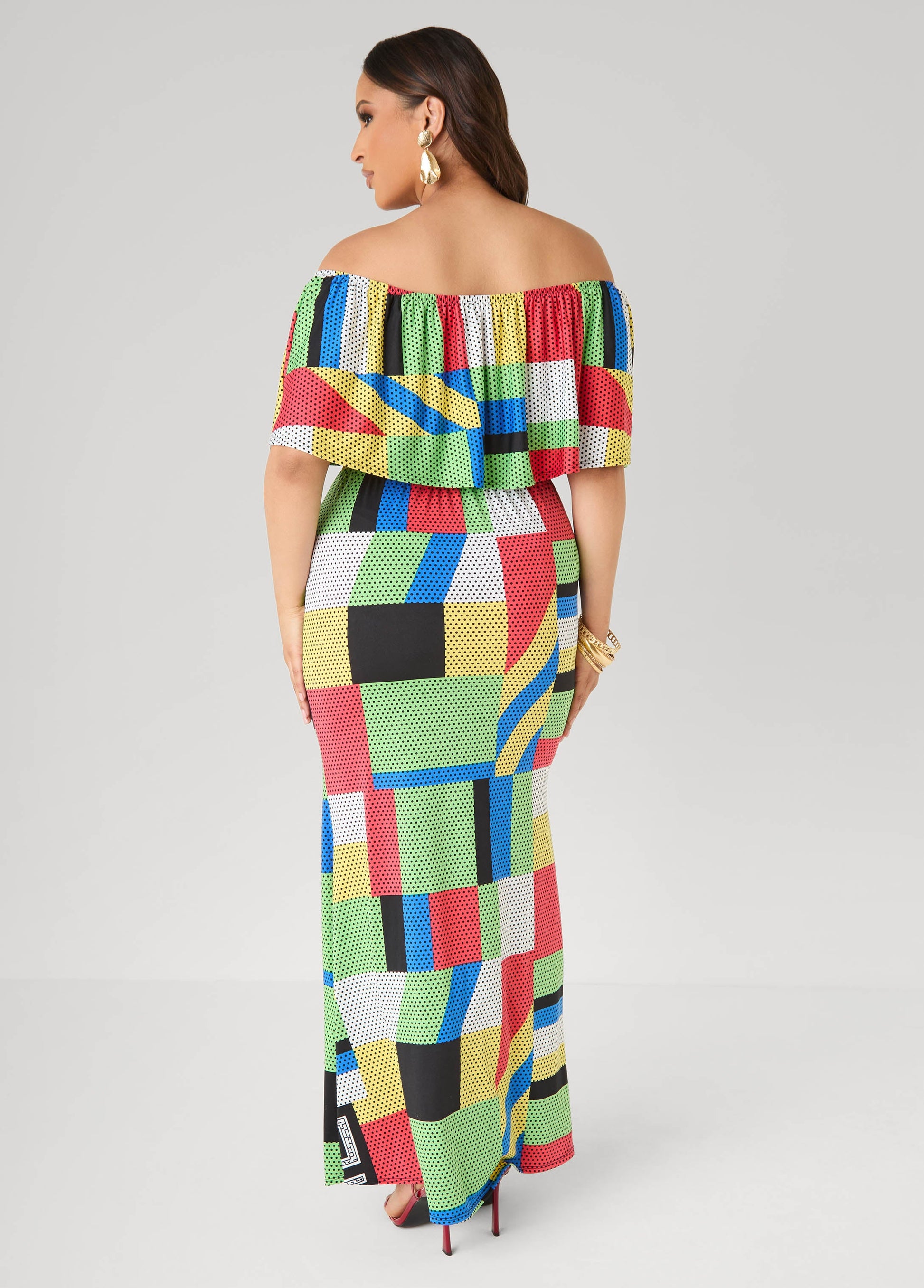 Ashley Stewart Off The Shoulder Geo Maxi Dress Multi