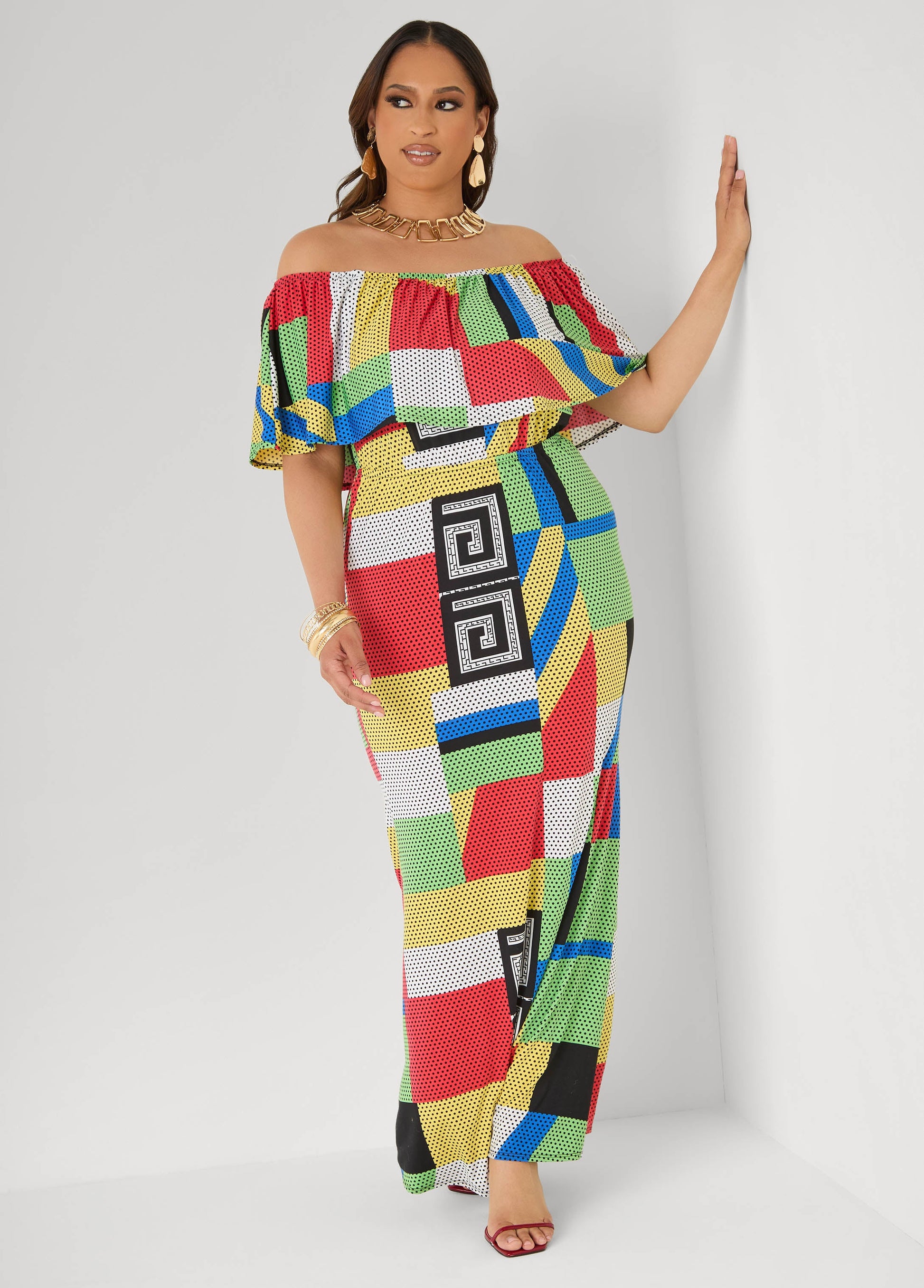 Ashley Stewart Off The Shoulder Geo Maxi Dress Multi