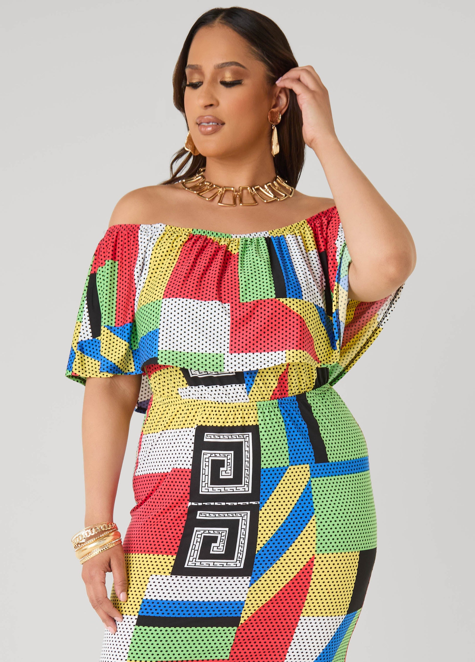 Ashley Stewart Off The Shoulder Geo Maxi Dress Multi