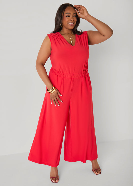 Ashley Stewart Tall Tie Back Wide Leg Jumpsuit Poinsettia