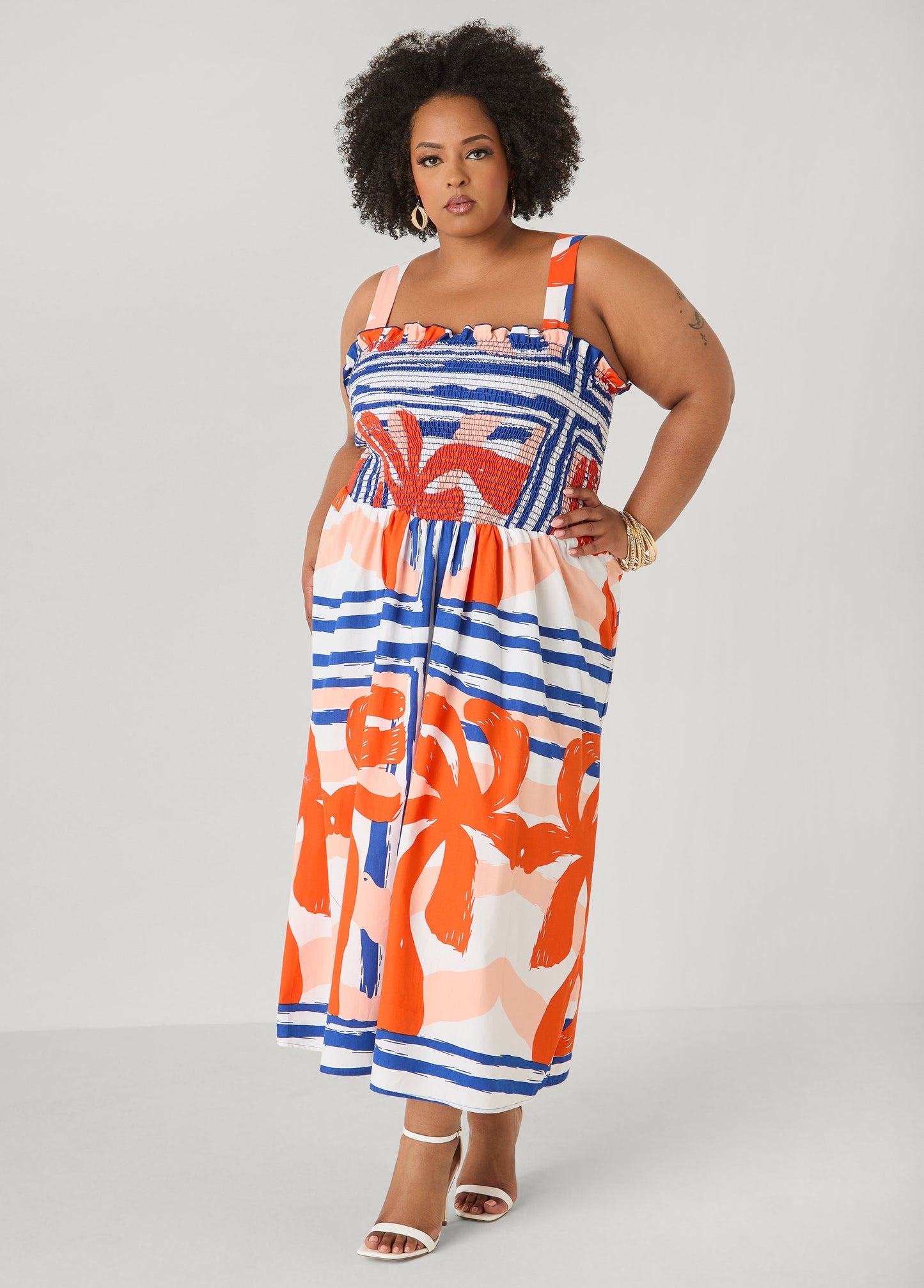 Ashley Stewart Printed Smocked Maxi Dress Multi