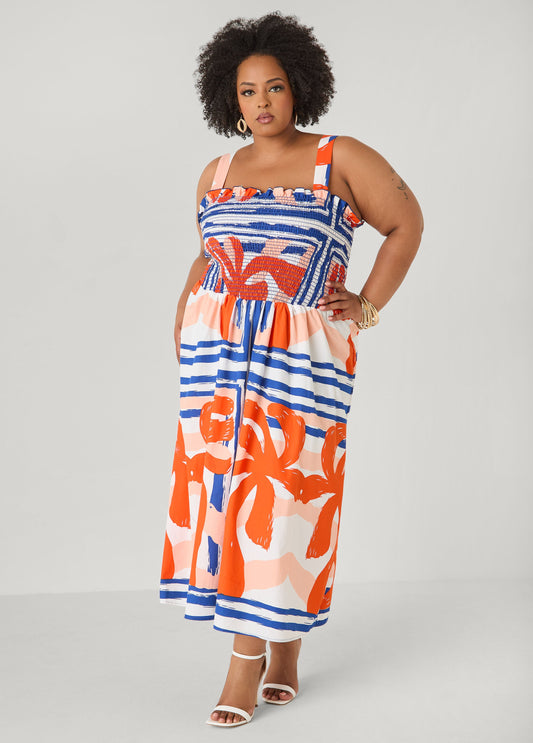 Ashley Stewart Printed Smocked Maxi Dress Multi