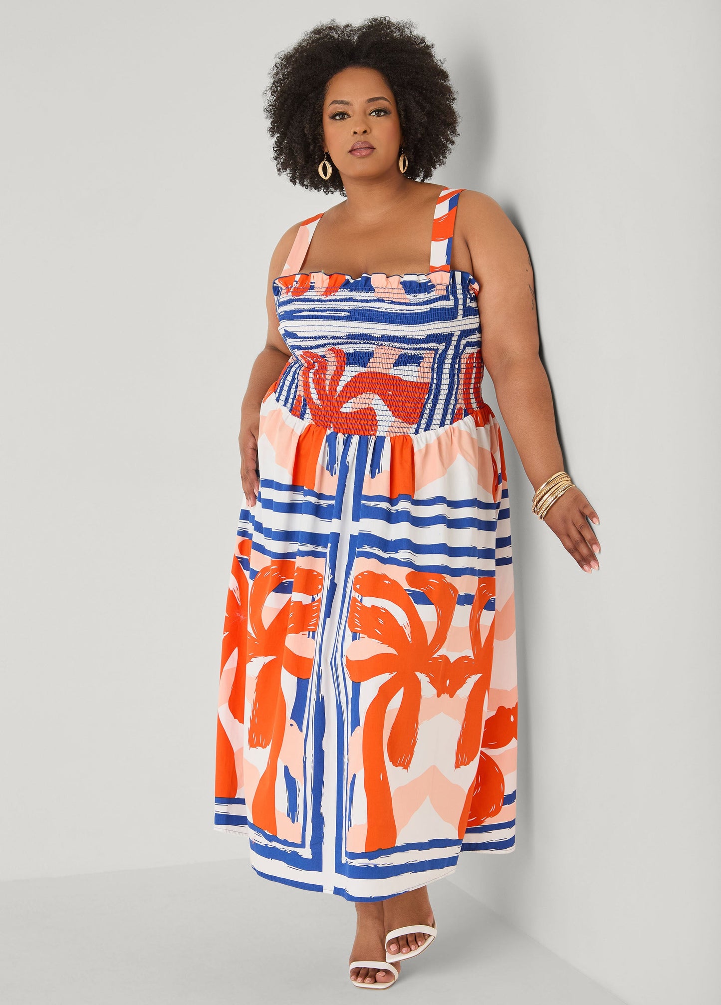 Ashley Stewart Printed Smocked Maxi Dress Multi
