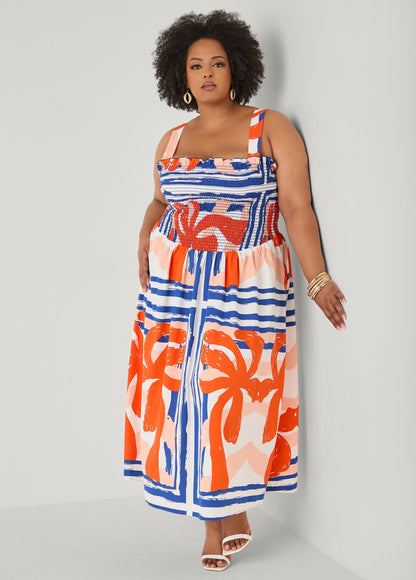 Ashley Stewart Printed Smocked Maxi Dress Multi