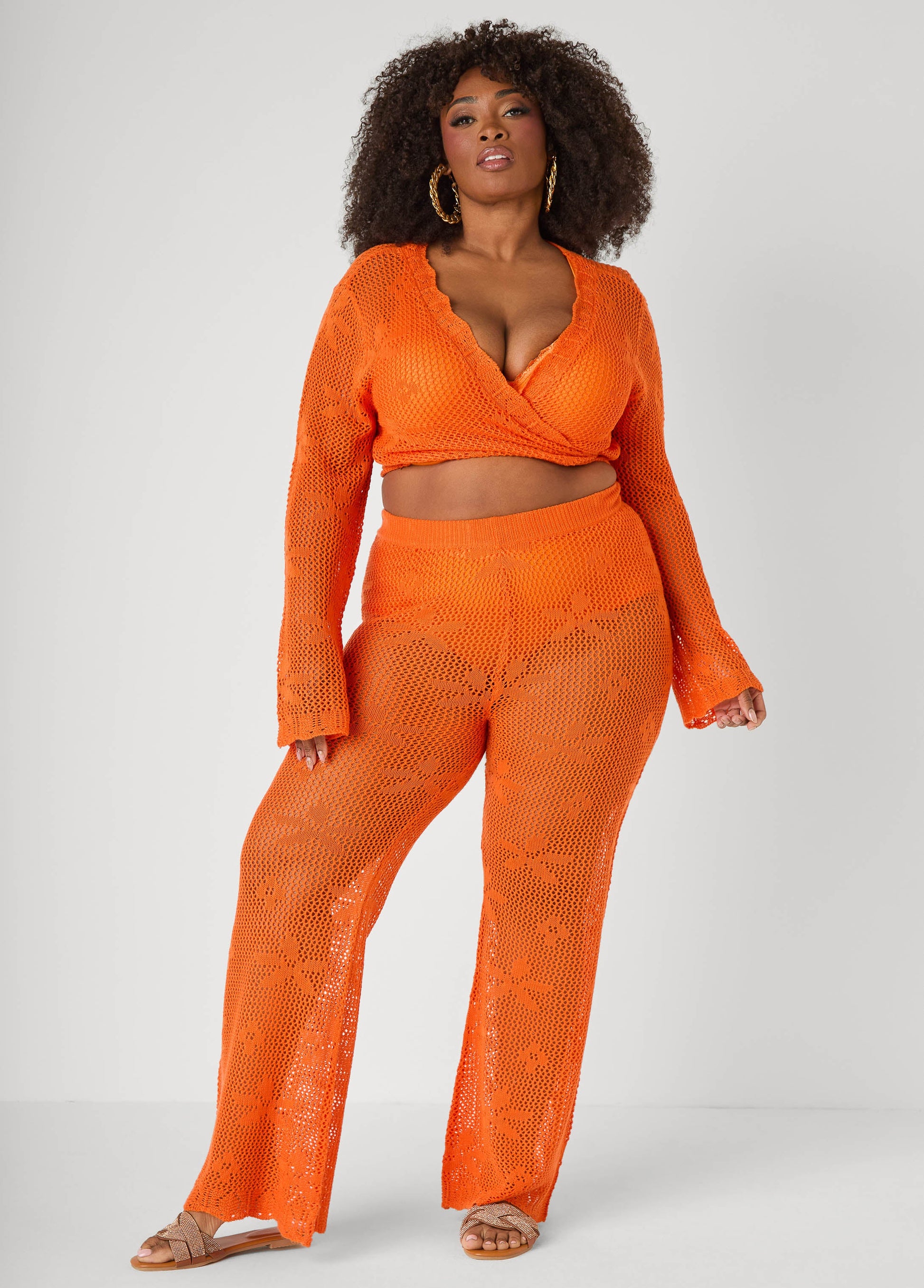 Ashley Stewart Crochet Tie Front Crop Top Orangeade