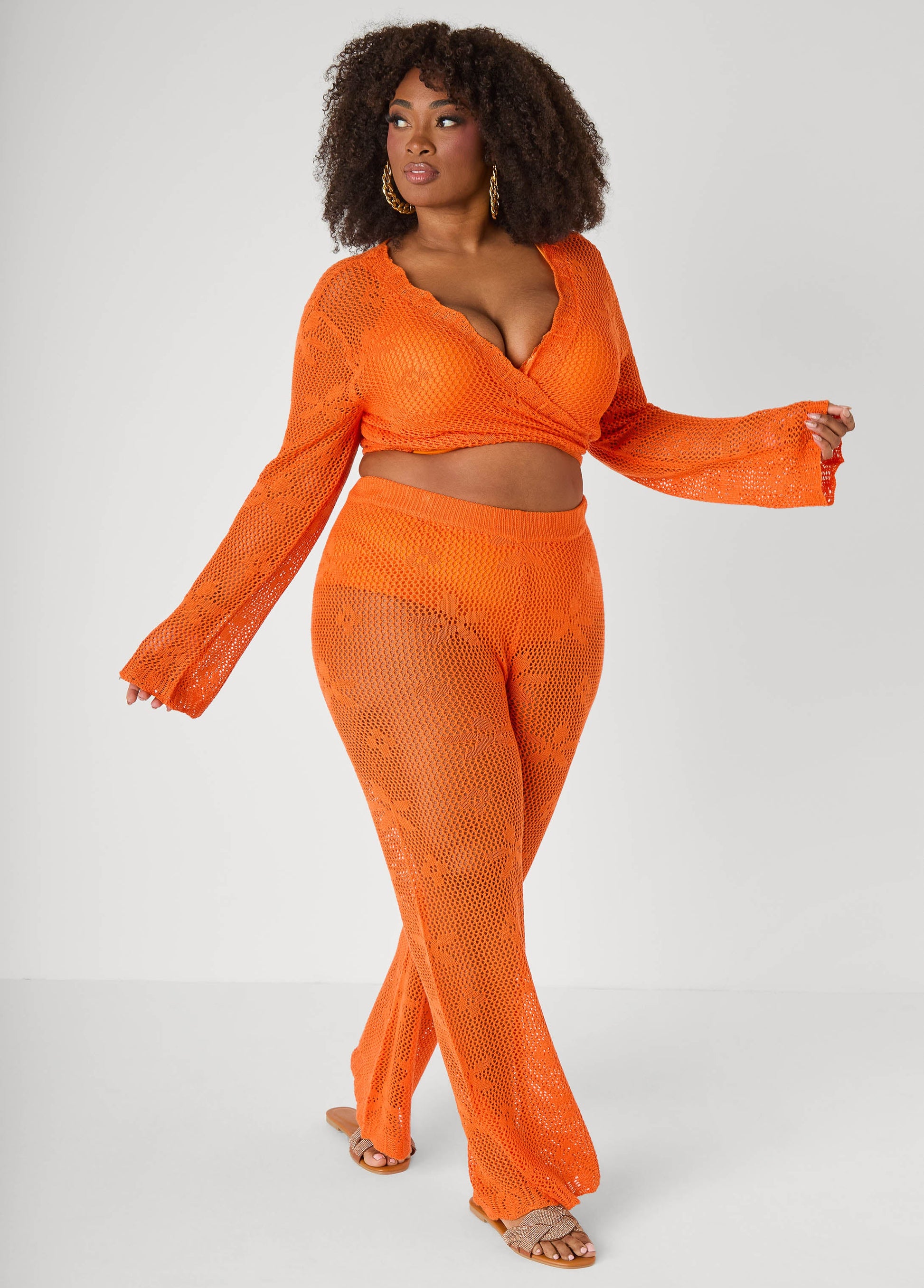 Ashley Stewart Crochet Tie Front Crop Top Orangeade