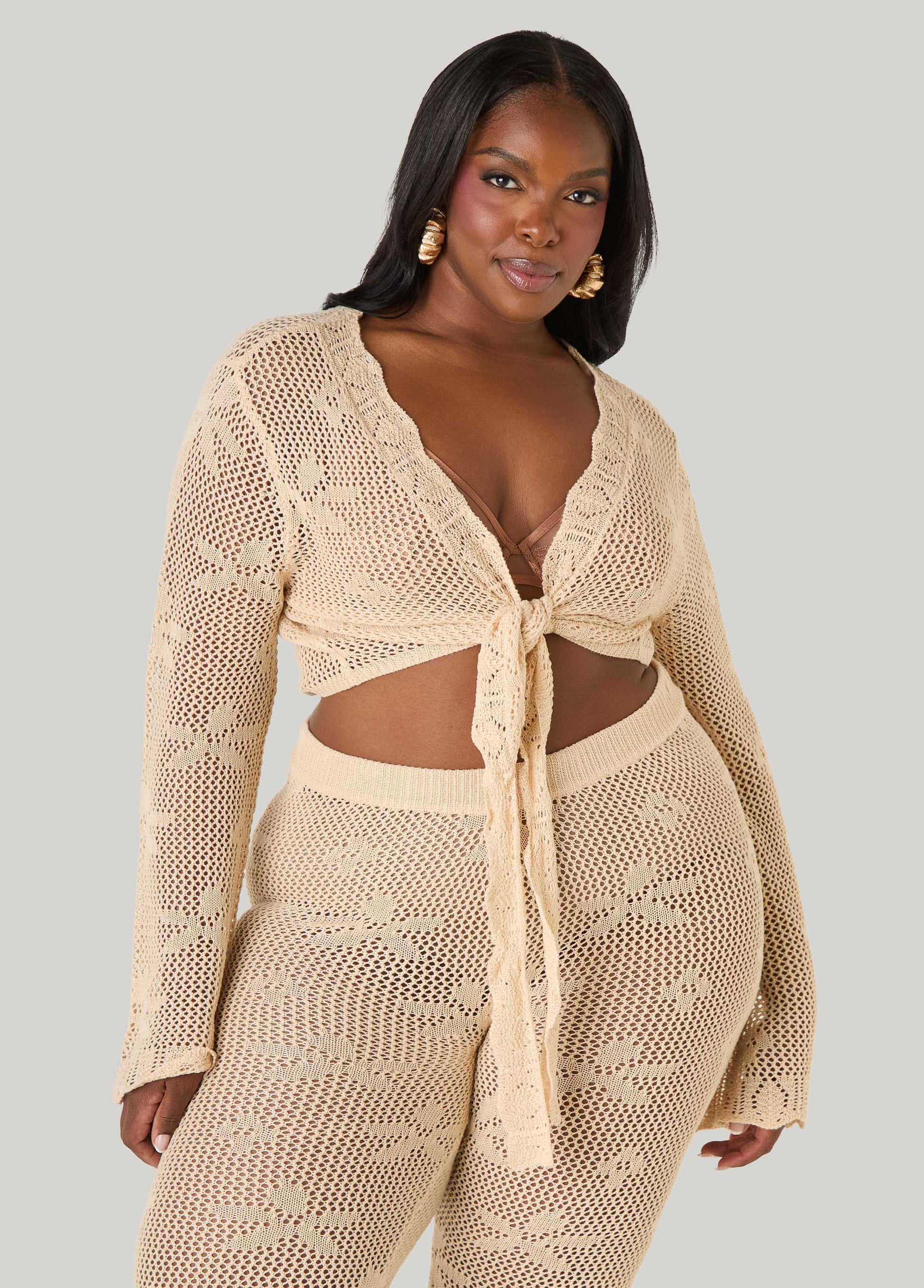 Ashley Stewart Crochet Tie Front Crop Top Orangeade
