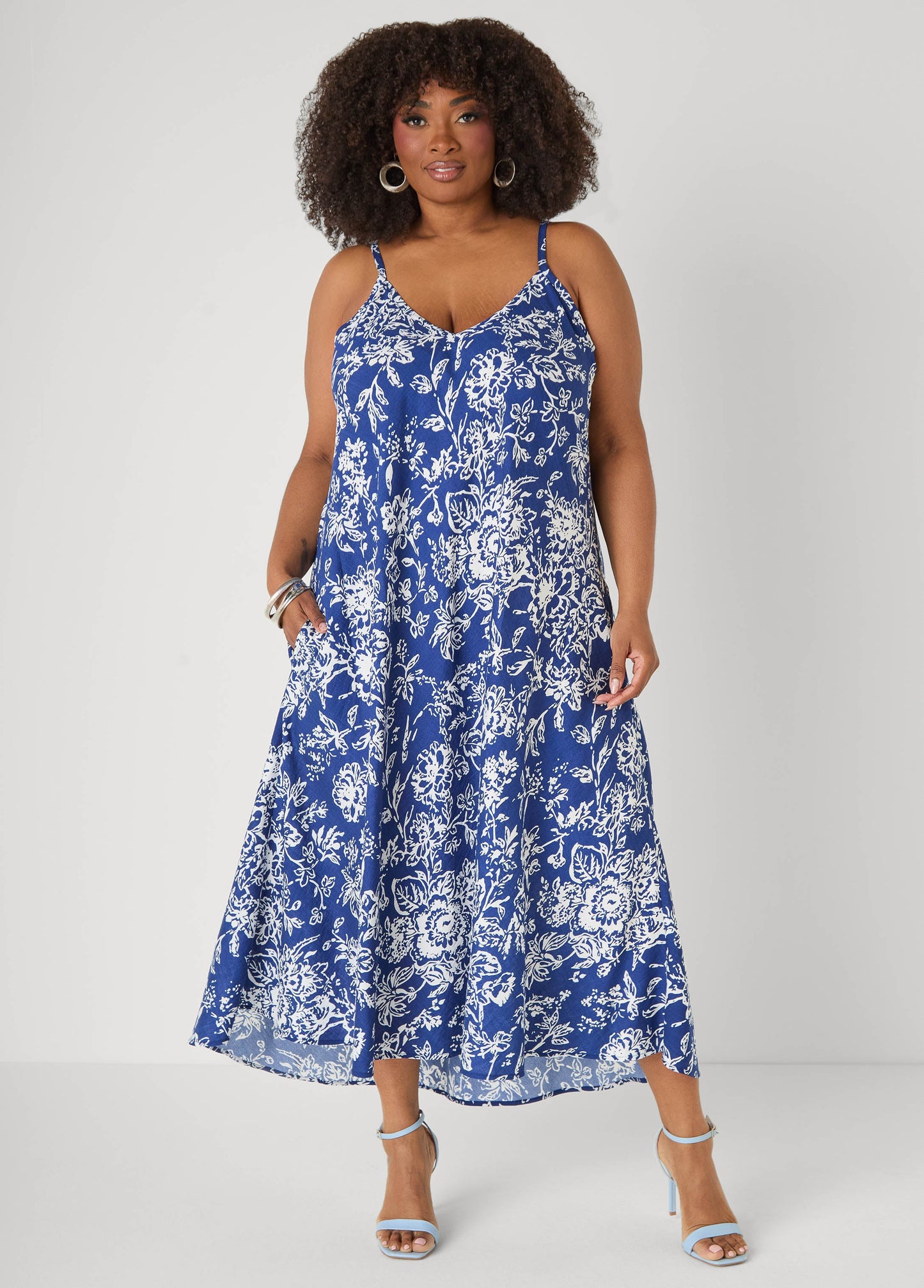 Ashley Stewart Floral V Neck Midaxi Dress Sodalite