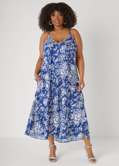 Ashley Stewart Floral V Neck Midaxi Dress Sodalite