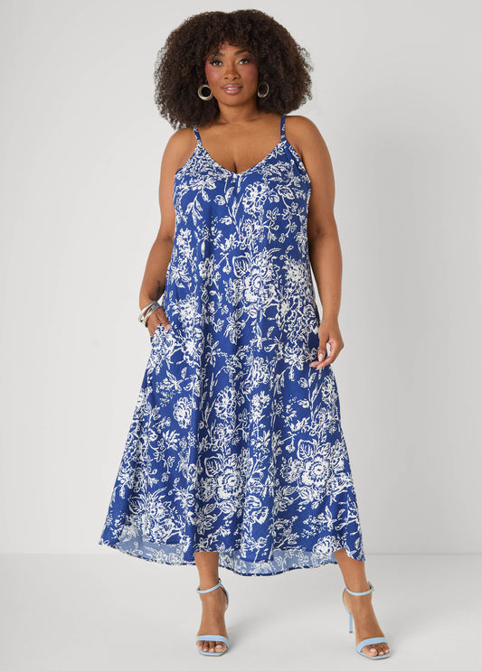 Ashley Stewart Floral V Neck Midaxi Dress Sodalite