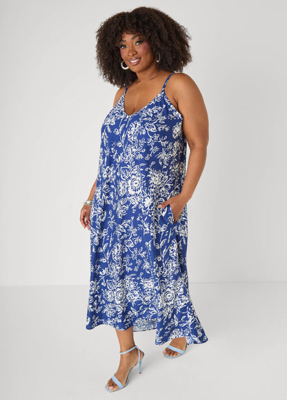Ashley Stewart Floral V Neck Midaxi Dress Sodalite