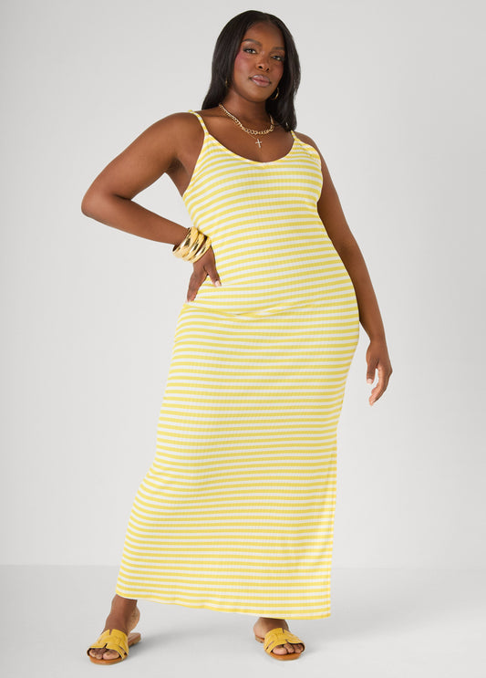 Ashley Stewart Striped Ribbed Maxi Dress Lemon