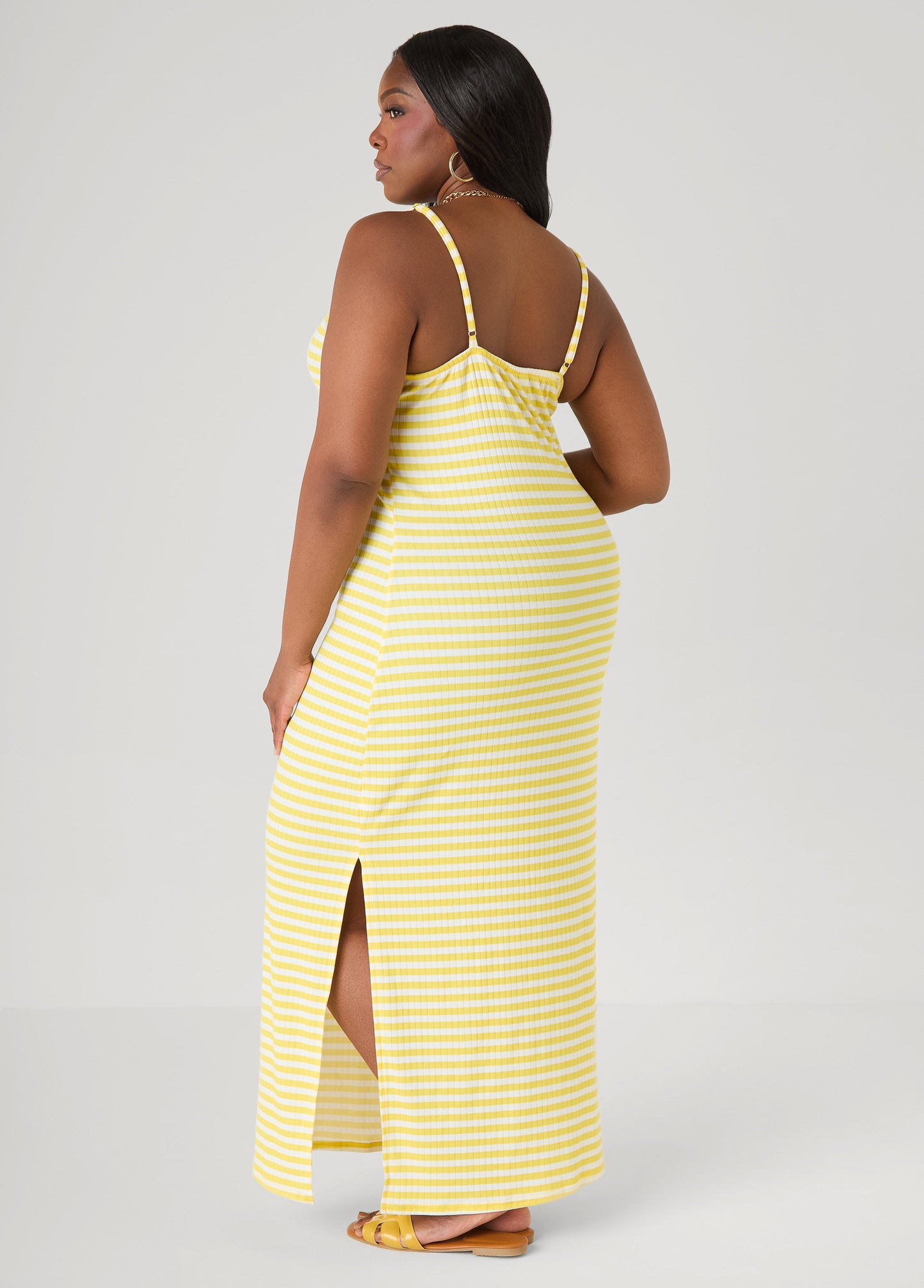 Ashley Stewart Striped Ribbed Maxi Dress Lemon