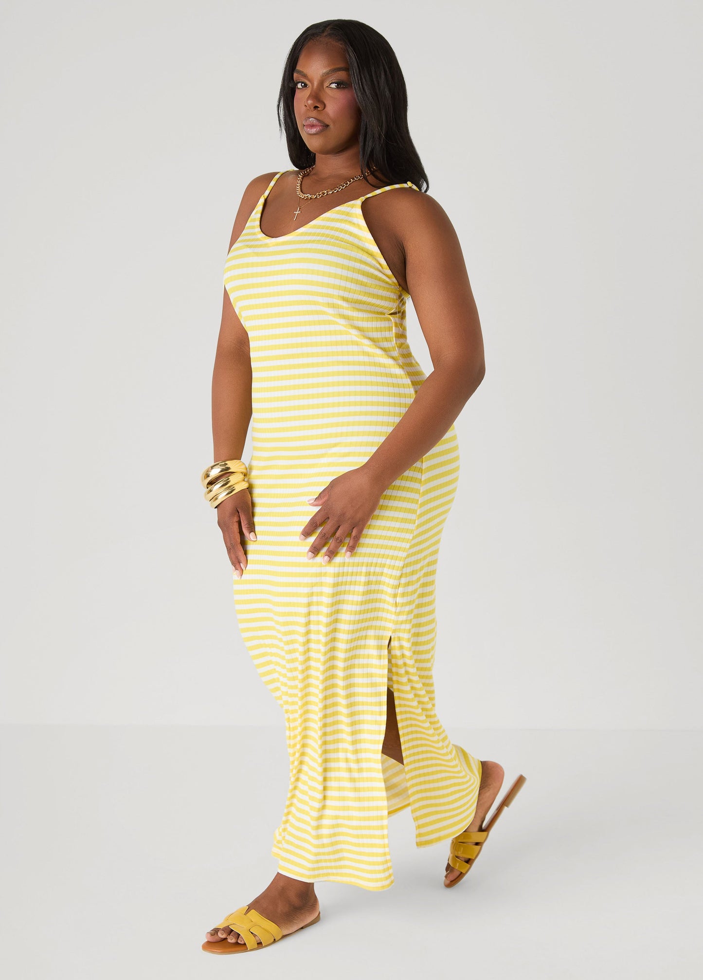 Ashley Stewart Striped Ribbed Maxi Dress Lemon