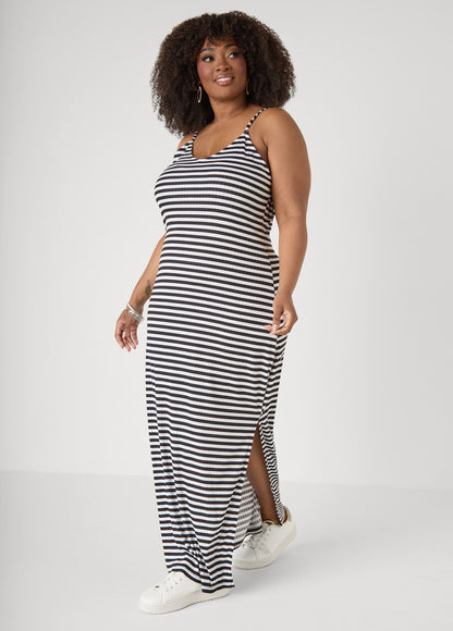 Ashley Stewart Striped Ribbed Maxi Dress Lemon