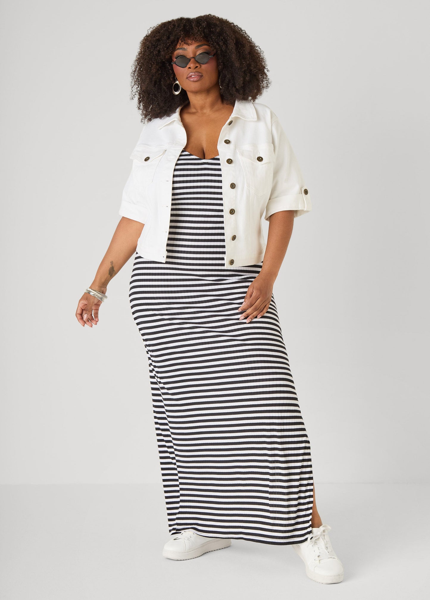 Ashley Stewart Striped Ribbed Maxi Dress Lemon
