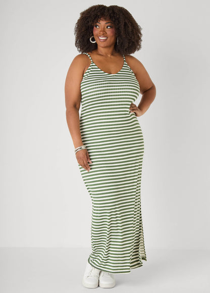 Ashley Stewart Striped Ribbed Maxi Dress Lemon