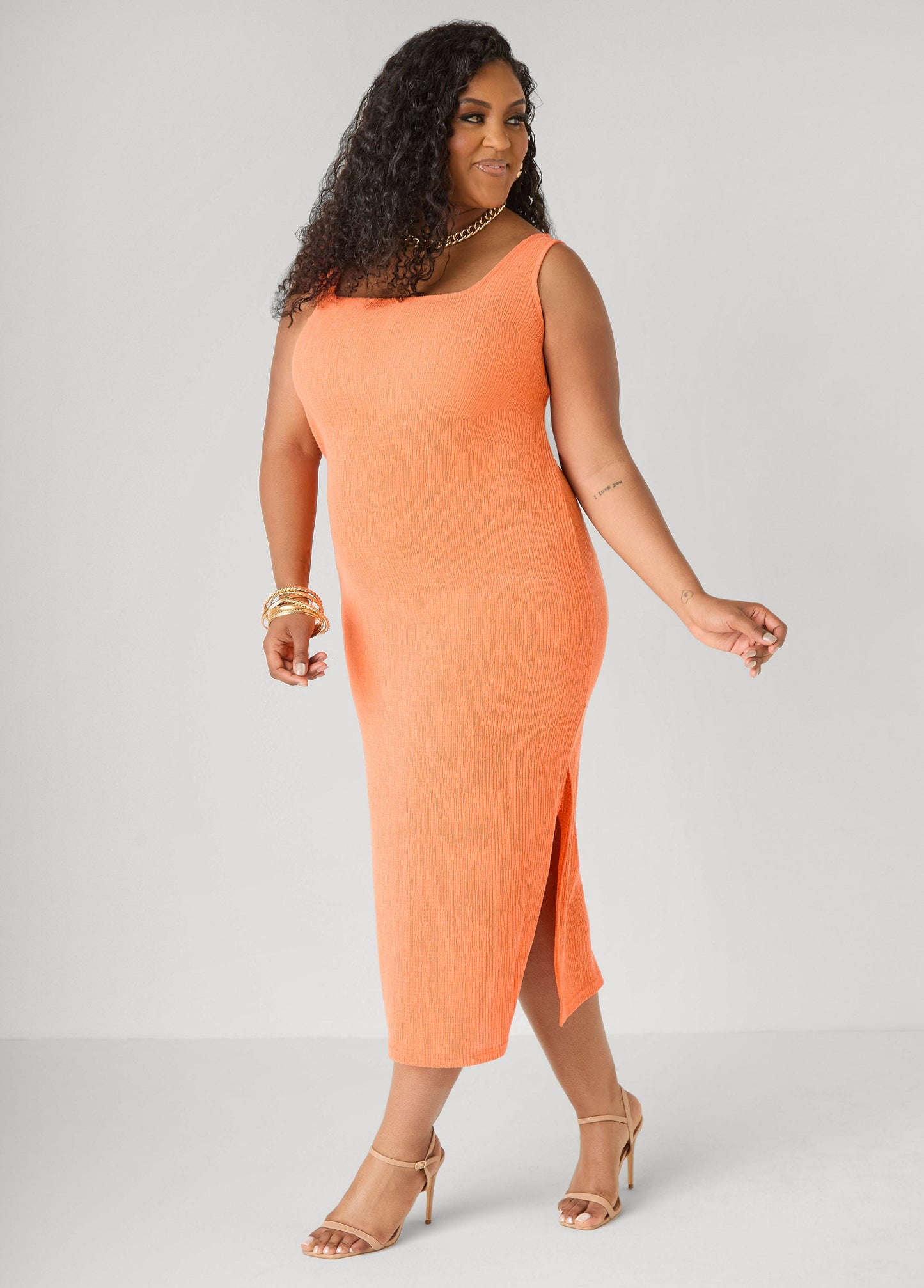 Ashley Stewart Textured Square Neck Midaxi Dress Dragon Fire