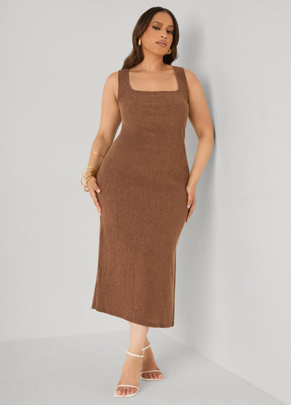 Ashley Stewart Textured Square Neck Midaxi Dress Dragon Fire