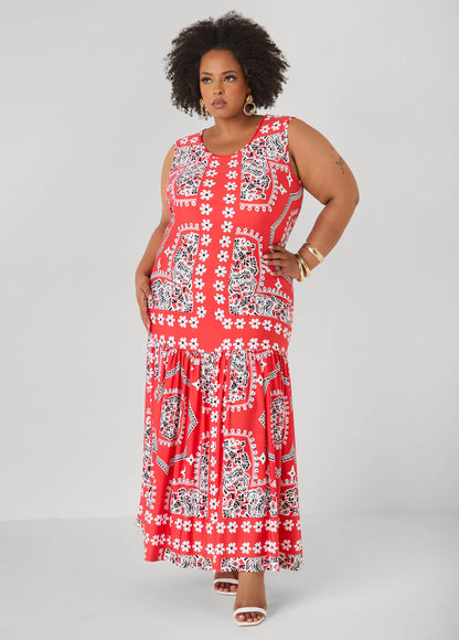 Ashley Stewart Flounced Bandana Print Maxi Dress Poinsettia