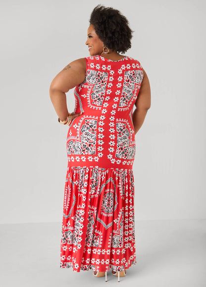 Ashley Stewart Flounced Bandana Print Maxi Dress Poinsettia