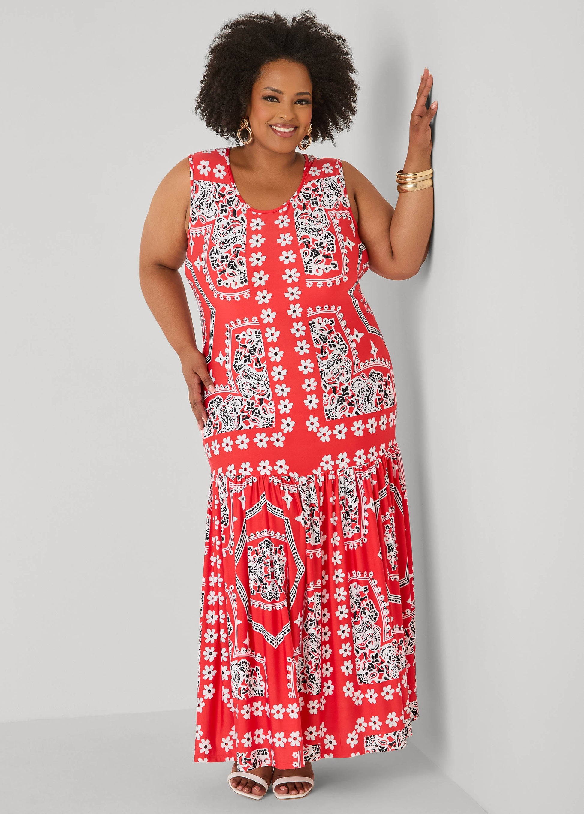 Ashley Stewart Flounced Bandana Print Maxi Dress Poinsettia