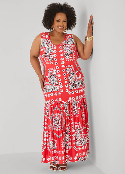 Ashley Stewart Flounced Bandana Print Maxi Dress Poinsettia