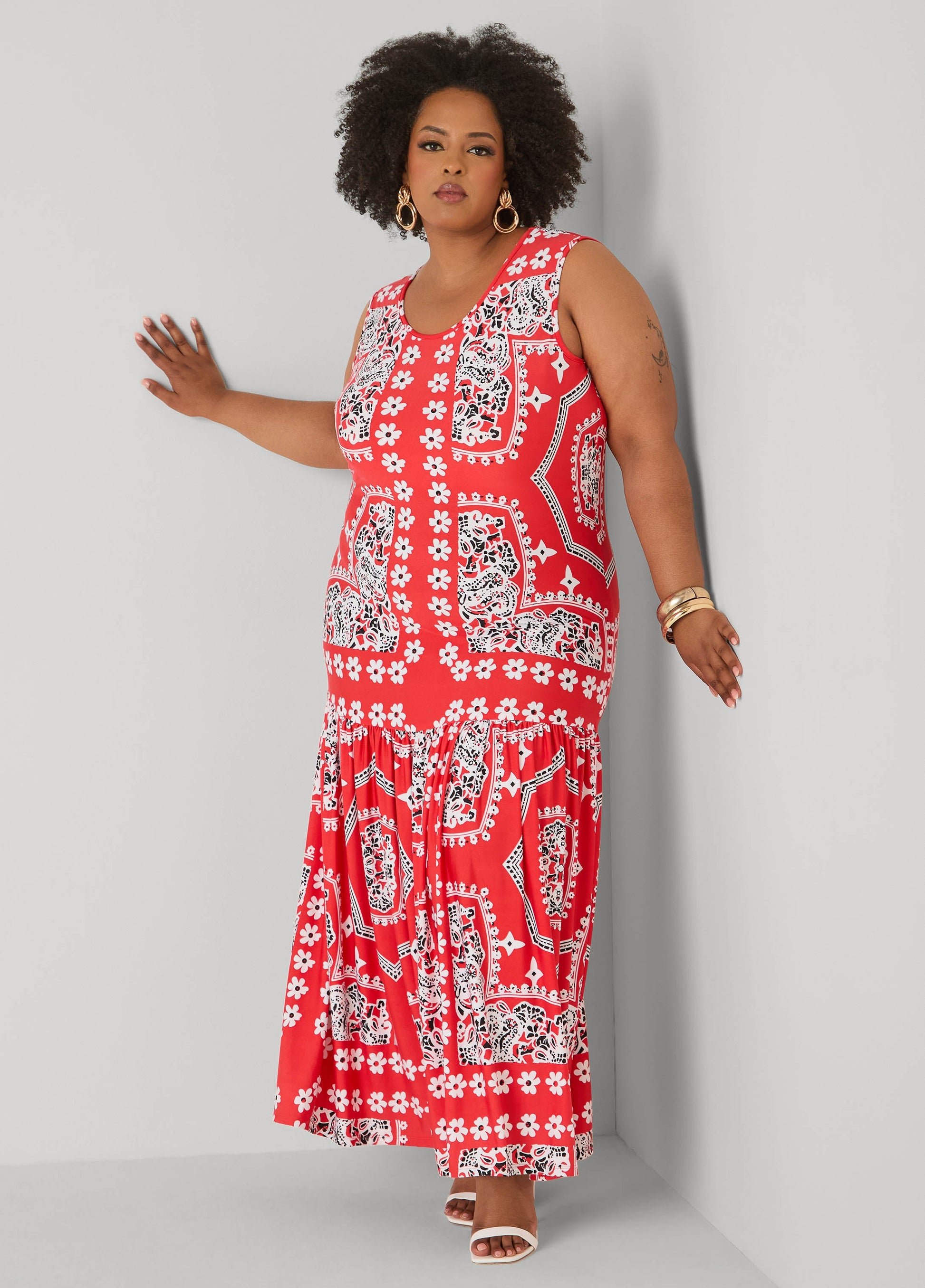 Ashley Stewart Flounced Bandana Print Maxi Dress Poinsettia