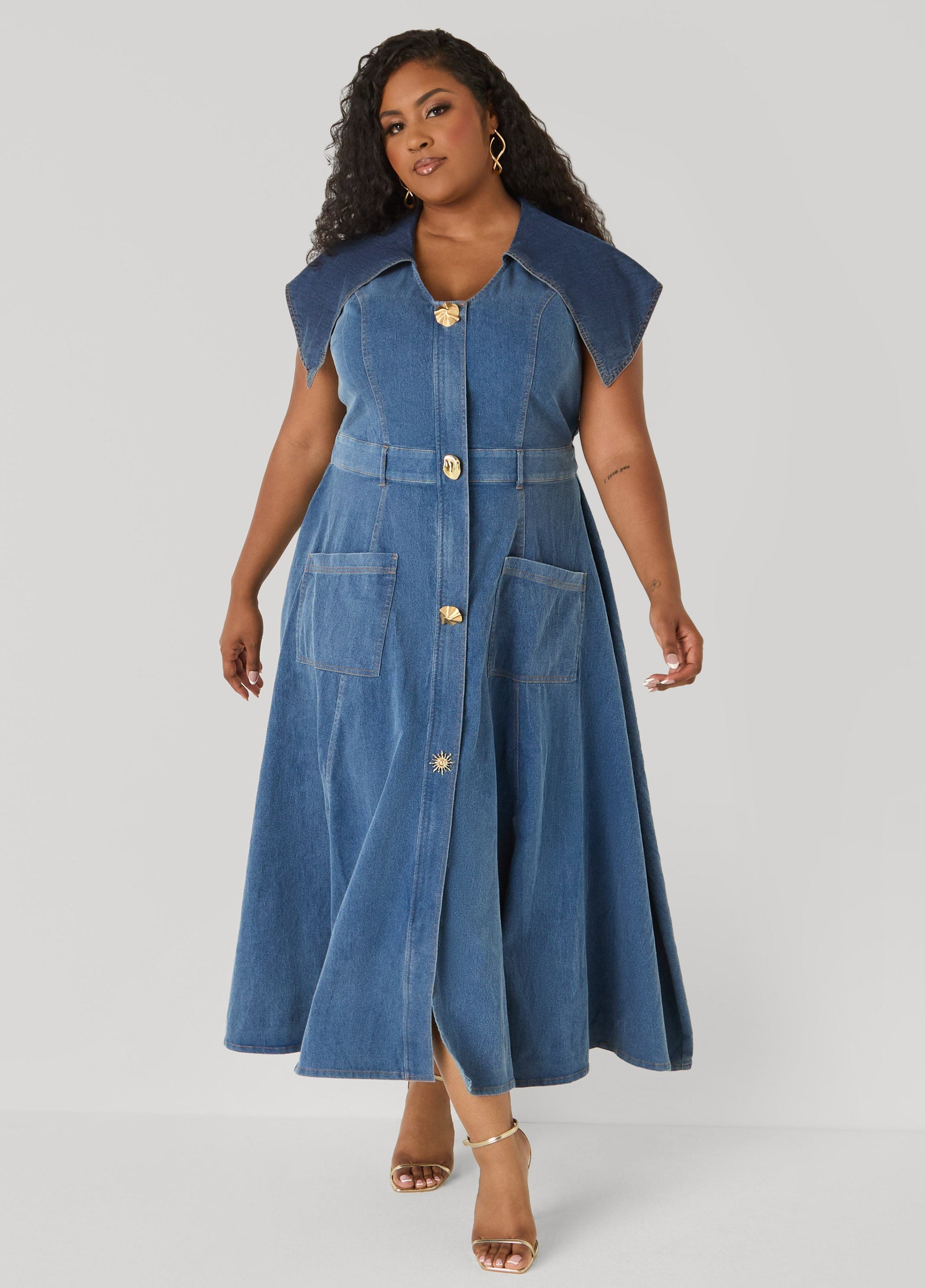 Ashley Stewart Tall Shawl Collar Paneled Denim Dress Denim Blue