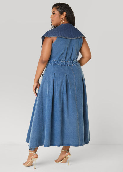 Ashley Stewart Tall Shawl Collar Paneled Denim Dress Denim Blue