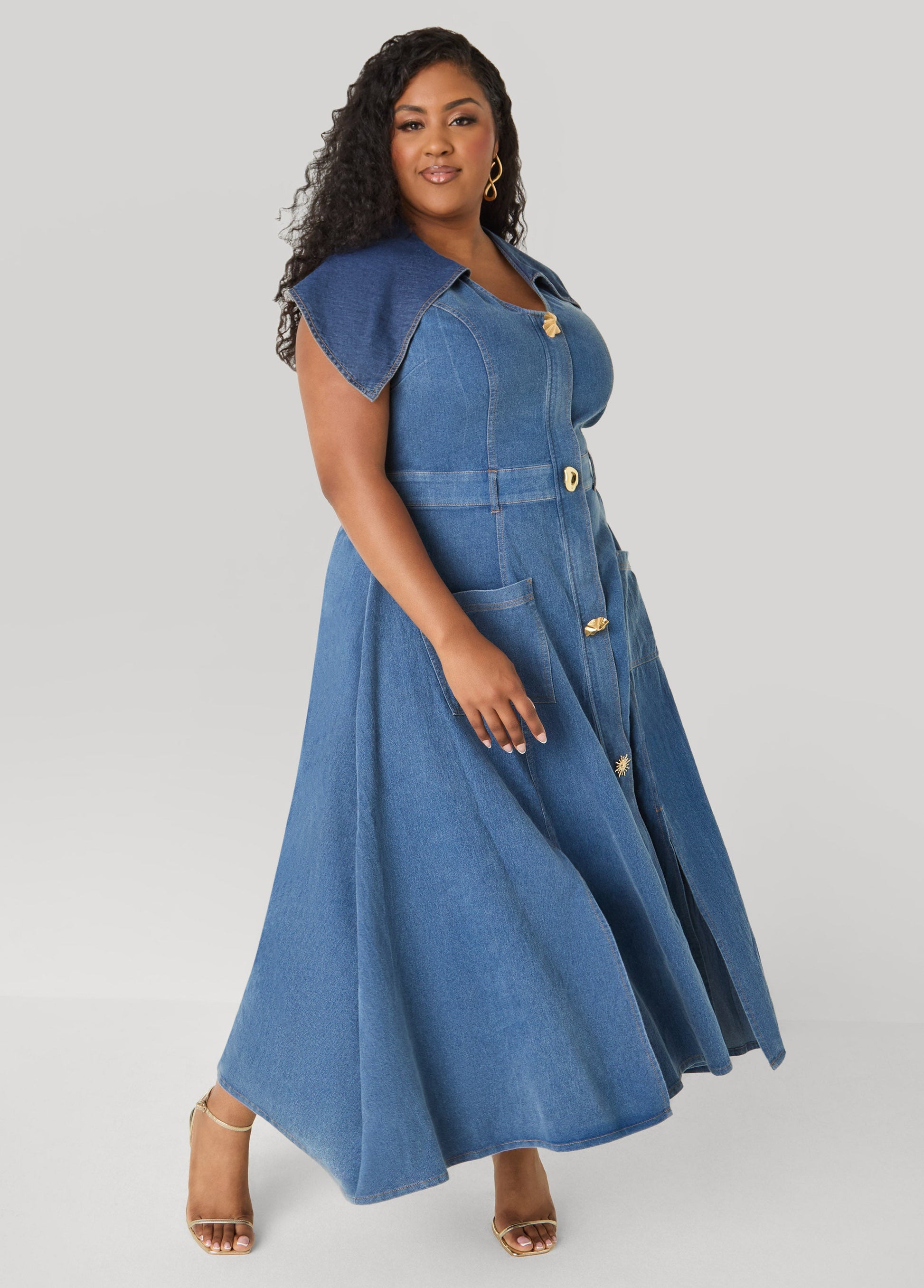 Ashley Stewart Tall Shawl Collar Paneled Denim Dress Denim Blue