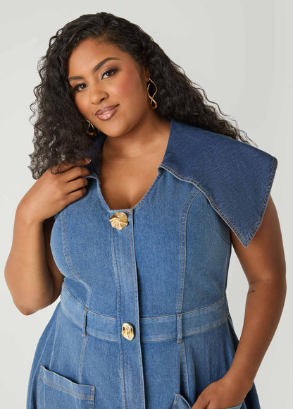 Ashley Stewart Tall Shawl Collar Paneled Denim Dress Denim Blue