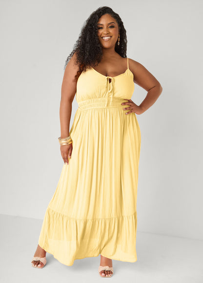 Ashley Stewart Smocked Tie Front Maxi Dress Yellow
