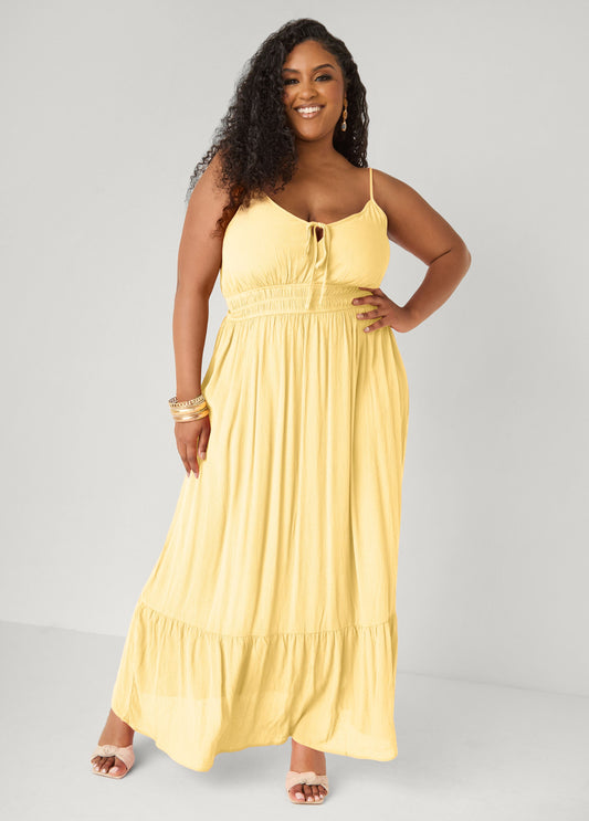 Ashley Stewart Smocked Tie Front Maxi Dress Yellow