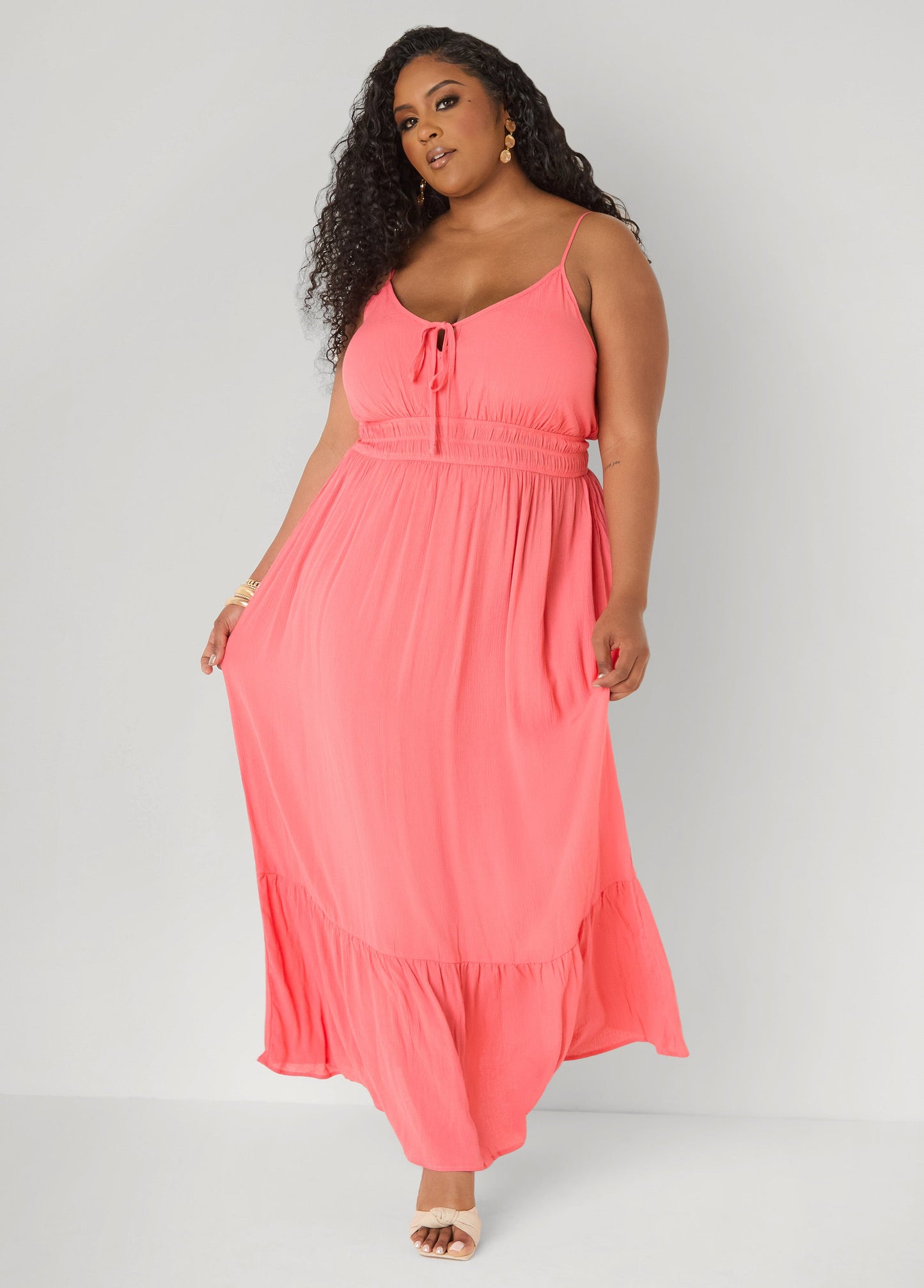 Ashley Stewart Smocked Tie Front Maxi Dress Yellow