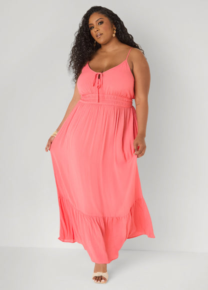 Ashley Stewart Smocked Tie Front Maxi Dress Yellow