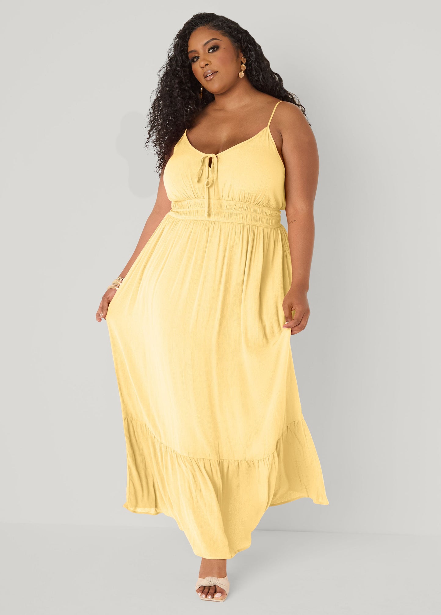Ashley Stewart Smocked Tie Front Maxi Dress Yellow