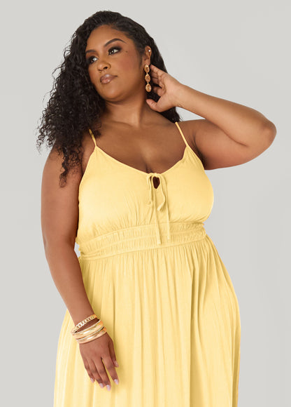 Ashley Stewart Smocked Tie Front Maxi Dress Yellow