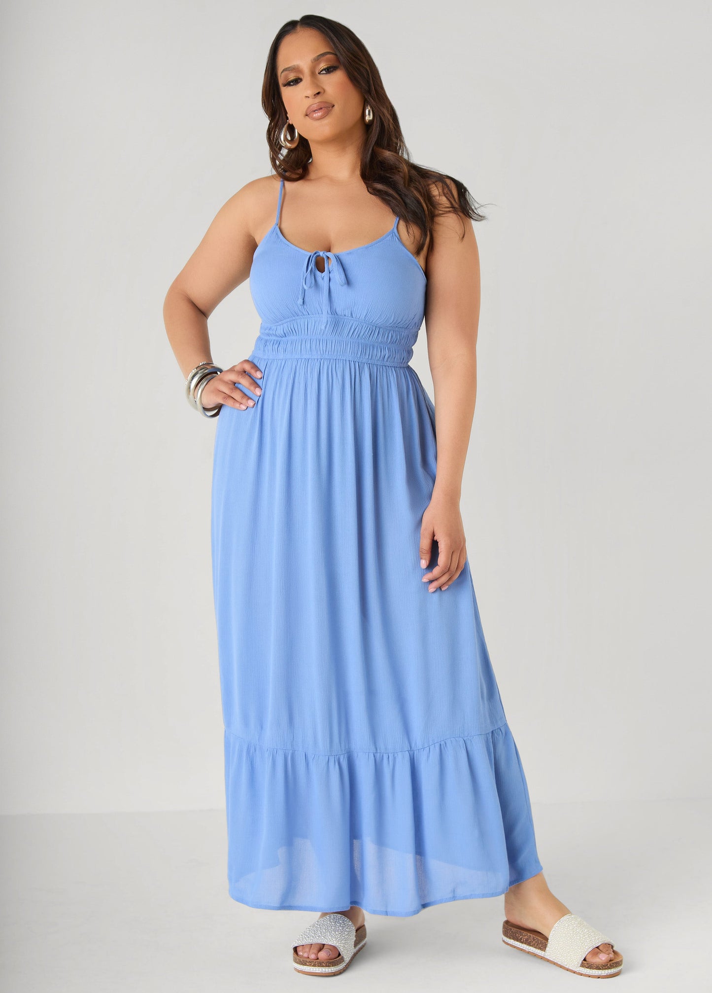 Ashley Stewart Smocked Tie Front Maxi Dress Yellow