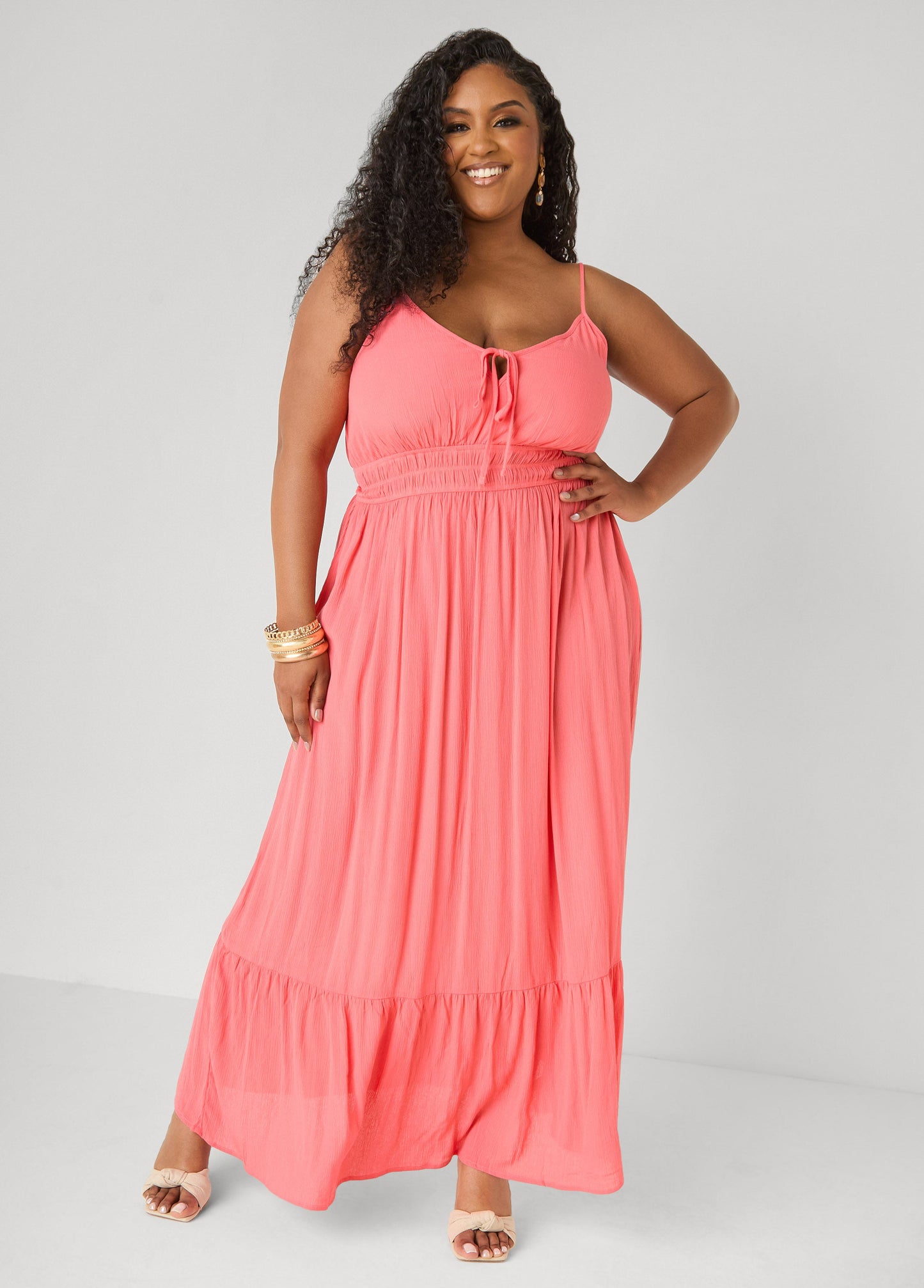Ashley Stewart Smocked Tie Front Maxi Dress Yellow