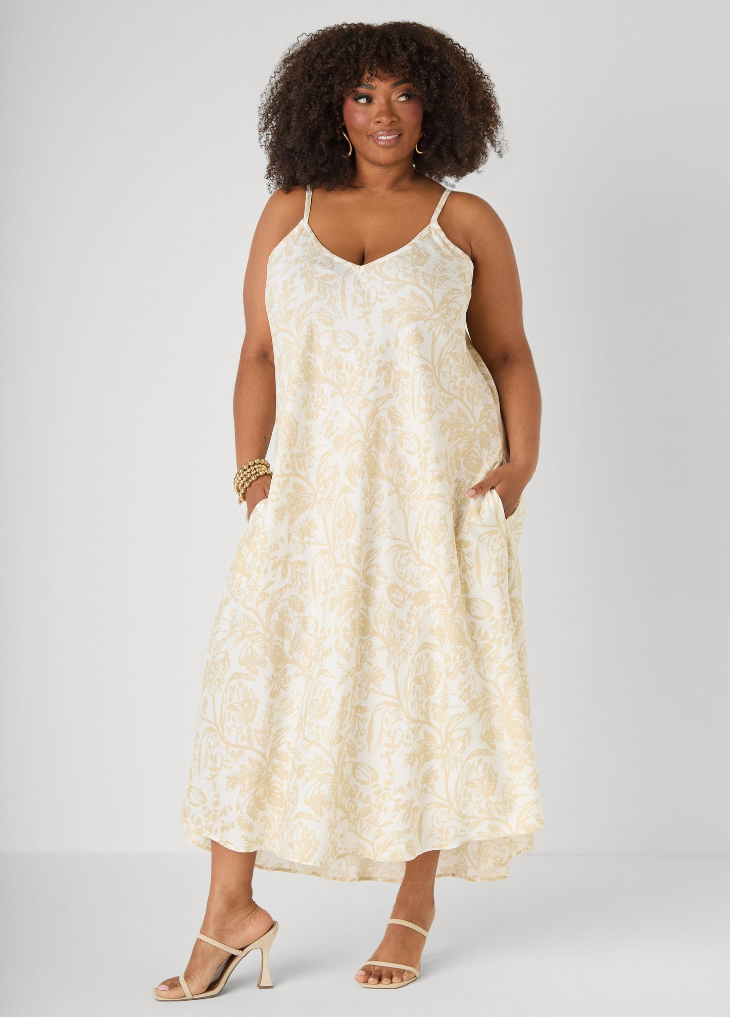 Ashley Stewart Floral Print V Neck Midaxi Dress White