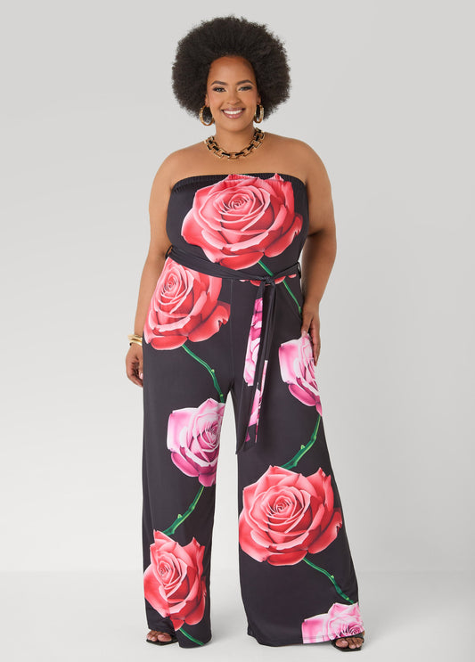 Ashley Stewart Strapless Rose Print Jumpsuit Black Combo